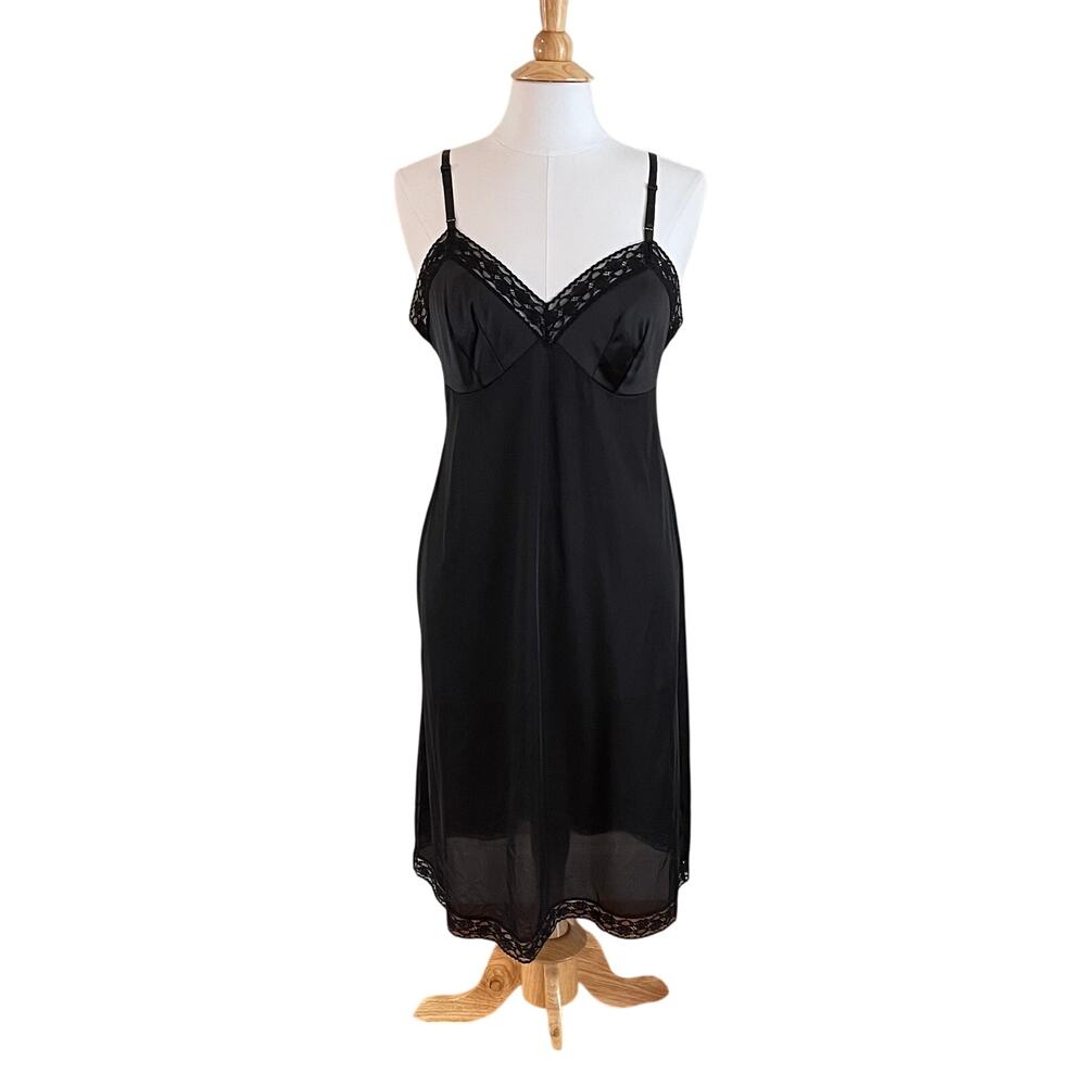 Vanity Fair Black Satin Slip Dress, Lace, Coquette,  38 / 26" / 44 Style 10-103